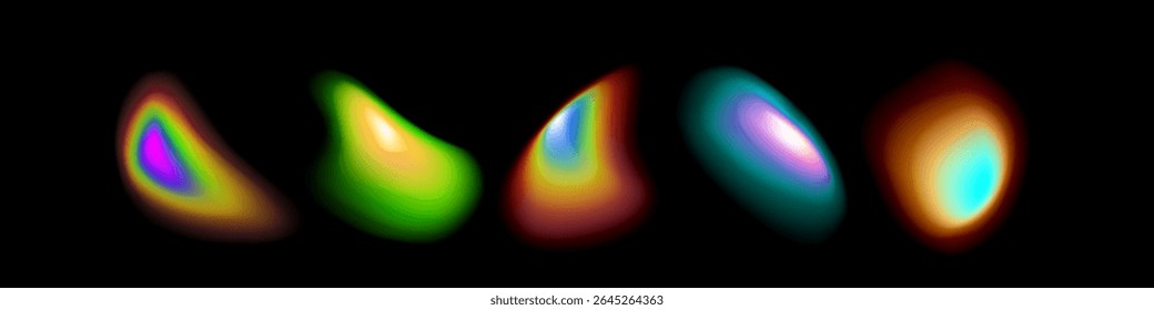 Coleção de aura gradiente vibrante com cores do arco-íris brilhantes no plano de fundo preto. Formas luminosas abstratas realistas em halos neon multicoloridos para arte digital moderna e desenhos futuristas.