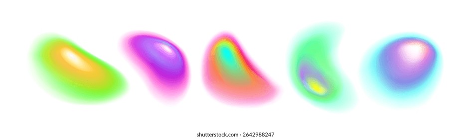 Vibrant gradient aura shapes collection - soft blurred colorful orbs with rainbow glow effects on white background for modern design, energy visualization or holographic artwork with light patterns.