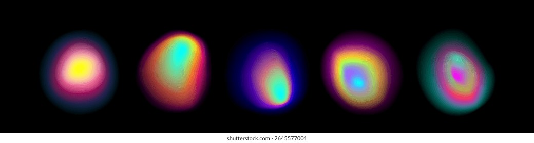 Vibrant gradient aura shapes collection - soft blurred colorful orbs with rainbow glow effects on black background for modern design, energy visualization or holographic artwork with light patterns.