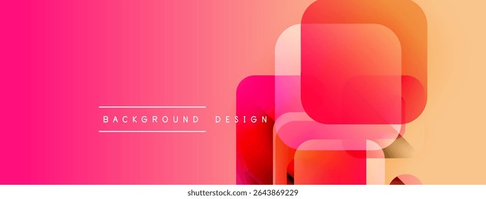 Vibrant gradient background features overlapping rounded squares. Pink, orange hues create modern abstract design. Text reads background design.