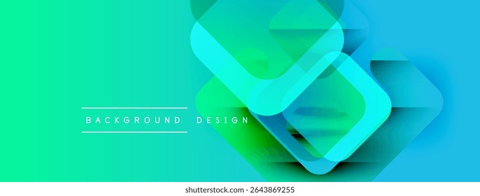 Vibrant gradient background features overlapping squares. Modern design elements create dynamic visual effect. Simple text labels bottom center.