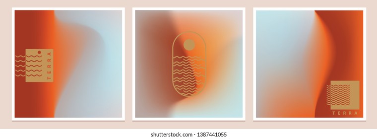 Vibrant Gradient Background Layouts in Terracotta color palette and Blue with Graphic Logos and Text	