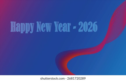 Um fundo gradiente vibrante em tons de azul e roxo, com uma fita fluente de rosa e laranja, comemorando o Ano Novo de 2026.