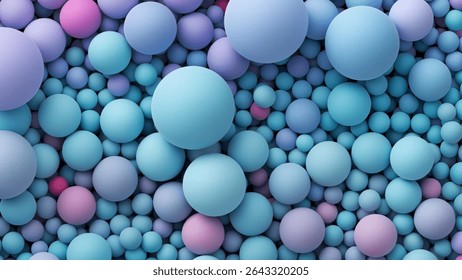 Vibrant gradient balls pattern. Many bright pink purple blue random soft balls. Colorful balloons wall. Dynamic spheres texture. Pile of colorful pastel colored balls in various sizes. Vector backgrou
