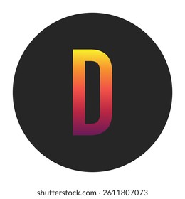 Vibrant Gradient Capital Letter D Glowing with Bright Yellow, Vivid Orange, Deep Red, and Dark Purple Tones on Dark Gray Circular Background Symbolizing Beginning, Unity, and Creativity in Digital