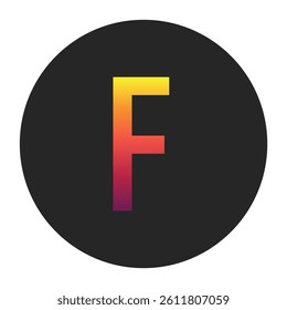 Vibrant Gradient Capital Letter F Glowing with Bright Yellow, Vivid Orange, Deep Red, and Dark Purple Tones on Dark Gray Circular Background Symbolizing Beginning, Unity, and Creativity in Digital