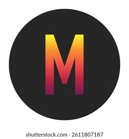 Vibrant Gradient Capital Letter M Glowing with Bright Yellow, Vivid Orange, Deep Red, and Dark Purple Tones on Dark Gray Circular Background Symbolizing Beginning, Unity, and Creativity in Digital