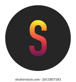 Vibrant Gradient Capital Letter S Glowing with Bright Yellow, Vivid Orange, Deep Red, and Dark Purple Tones on Dark Gray Circular Background Symbolizing Beginning, Unity, and Creativity in Digital