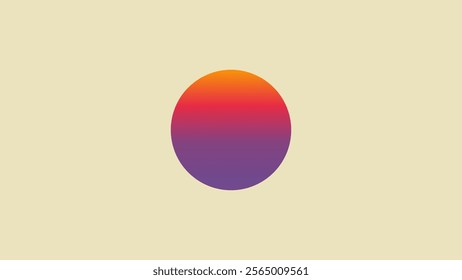 A vibrant gradient circle set against a neutral beige background. The circle features a smooth blend of warm colors, transitioning from orange to pink and purple.