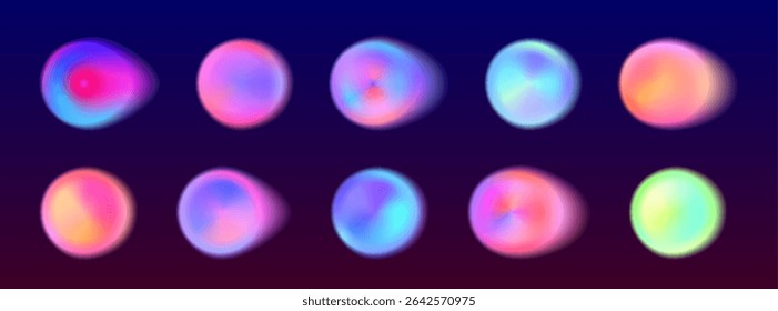 Vibrant gradient circle set with soft aura effects on dark bg - colorful glowing orbs in pink, blue, purple, orange and green hues for modern digital design, web interface or abstract art projects.