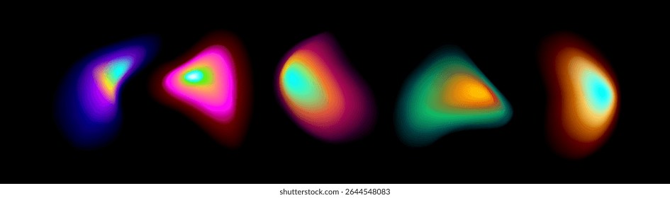 Vibrant gradient circle set with soft aura effects on dark bg - colorful glowing orbs in pink, blue, purple, orange and green hues for modern digital design, web interface or abstract art projects.