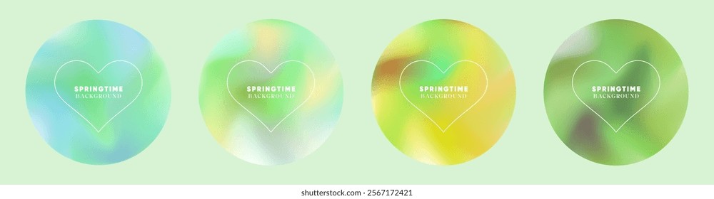 Vibrant Gradient Circular Backgrounds Set for Spring Cards. Fresh Green Yellow Blue Gradient Background. Heart Shaped Springtime Design for Nature Themed Abstract Circular Art.