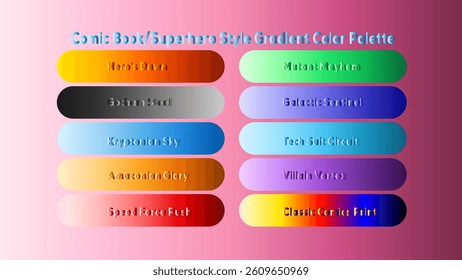 Vibrant gradient color palette inspired by comic books and superheroes. Perfect for graphic design projects.