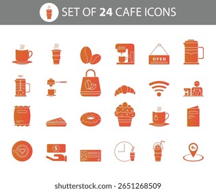 Vibrant gradient glyph icons for coffee shops and cafes. 24 editable vector icons with smooth gradient fill for modern branding and apps.