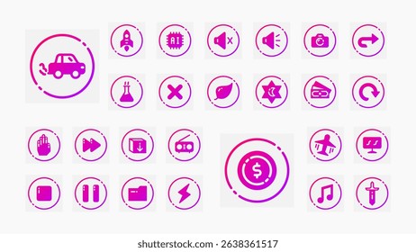 Vibrant gradient icons for tech, transport, UI, and science. Includes AI, camera, airplane, finance, energy, music, and Islamic elements.