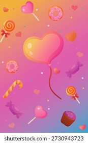 Eine lebendige Farbverlauf-Illustration zum Valentinstag mit Süßigkeiten-Herzen und verschiedenen Süßigkeiten.