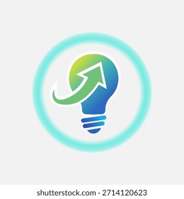 A vibrant gradient light bulb icon featuring a green arrow pointing upwards, representing progress and new concepts within a glowing circle