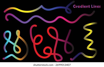 Linhas de gradiente vibrantes no plano de fundo preto com curvas abstratas coloridas, linhas onduladas multicoloridas brilhantes de Néon formando um padrão abstrato moderno, curvas de gradiente colorido e redemoinhos no plano de fundo escuro


