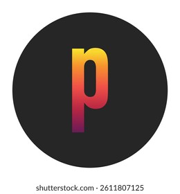 Vibrant Gradient Lowercase Letter p Glowing with Bright Yellow, Vivid Orange, Deep Red, and Dark Purple Tones on Dark Gray Circular Background Symbolizing Beginning, Unity, and Creativity in Digital
