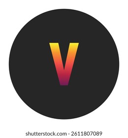 Vibrant Gradient Lowercase Letter v Glowing with Bright Yellow, Vivid Orange, Deep Red, and Dark Purple Tones on Dark Gray Circular Background Symbolizing Beginning, Unity, and Creativity in Digital