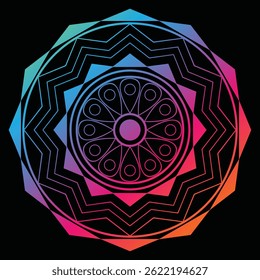 Diseño vibrante de mandala degradado con patrones geométricos, ideal para fondos, textiles o temas espirituales.