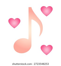Icono de nota musical de gradiente vibrante con Formas de corazón. Símbolo de melodía romántica moderna para el día de San Valentín. Signo de música estilizado colorido, Ilustración vectorial brillante de la canción de amor aislada en blanco.