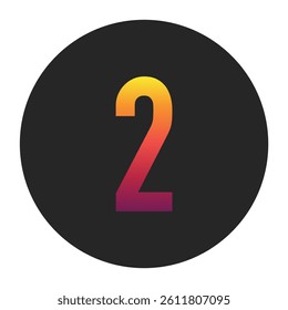 Vibrant Gradient Number 2 Glowing with Bright Yellow, Vivid Orange, Deep Red, and Dark Purple Tones on Dark Gray Circular Background Symbolizing Beginning, Unity, and Creativity in Digital