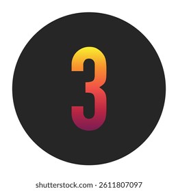 Vibrant Gradient Number 3 Glowing with Bright Yellow, Vivid Orange, Deep Red, and Dark Purple Tones on Dark Gray Circular Background Symbolizing Beginning, Unity, and Creativity in Digital