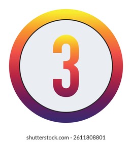 Vibrant Gradient Number 3 Glowing with Bright Yellow, Vivid Orange, Deep Red, and Dark Purple Tones on Dark Gray Circular Background Symbolizing Beginning, Unity, and Creativity in Digital