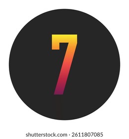 Vibrant Gradient Number 7 Glowing with Bright Yellow, Vivid Orange, Deep Red, and Dark Purple Tones on Dark Gray Circular Background Symbolizing Beginning, Unity, and Creativity in Digital