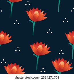 Vibrant Gradient Orange Lotus Flowers on Deep Blue Background. Elegant Seamless Floral Pattern for Textiles, Wallpapers, and Digital Designs