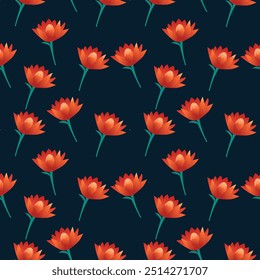 Vibrant Gradient Orange Lotus Flowers on Deep Blue Background. Elegant Seamless Floral Pattern for Textiles, Wallpapers, and Digital Designs