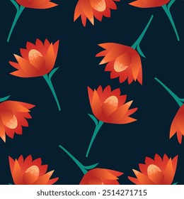 Vibrant Gradient Orange Lotus Flowers on Deep Blue Background. Elegant Seamless Floral Pattern for Textiles, Wallpapers, and Digital Designs