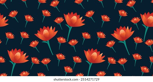 Vibrant Gradient Orange Lotus Flowers on Deep Blue Background. Elegant Seamless Floral Pattern for Textiles, Wallpapers, and Digital Designs