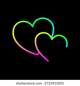 Corazones vibrantes del contorno del gradiente entrelazados en un fondo negro, representando la conexión