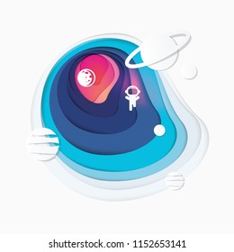 Vibrant gradient paper cut art illustration of universe with planets and an astronaut isolated on white background