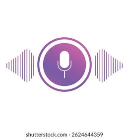 Ícone vibrante do microfone do podcast de gradiente rodeado por ondas de som dinâmicas em um plano de fundo limpo