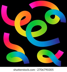 Vibrant gradient ribbons floating on black background create a dynamic, abstract, modern design