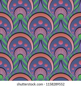 Vibrant gradient seamless fairy shells vector green and lilac pattern for fabric, textile, wrapping, craft, wallpaper
