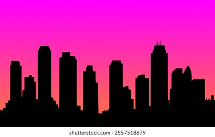A vibrant gradient skyline silhouette against a pink and orange background.