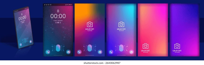 Vibrant Gradient Smartphone Wallpaper Set with Colorful Backgrounds, Featuring Modern Lock Screen Designs for Tech Devices and Digital Art Displays