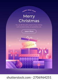Vibrant Gradient vector illustration of stacked Christmas Gift Boxes and a Coupon tag, set under an arch for holiday event announcement.