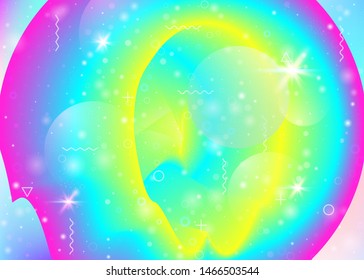 Vibrant gradients on rainbow background. Holographic dynamic fluid. Cosmos hologram. Design template for cover, poster and mobile screen. Fluorescent vibrant gradients.