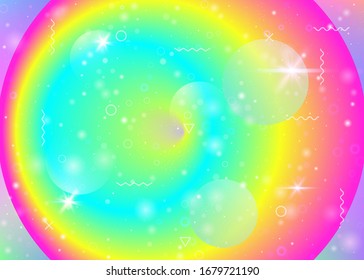 Gradientes vibrantes sobre fondo arco iris. Fluido dinámico holográfico. Holograma del cosmos. Plantilla gráfica para afiches, pancartas y banners. Gradientes vibrantes de época.
