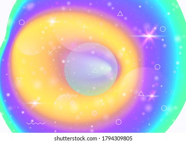 Vibrant gradients on rainbow background. Holographic dynamic fluid. Cosmos hologram. Design layout for book, annual report and flyer. Fluorescent vibrant gradients.