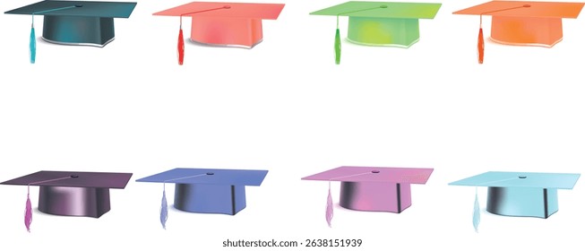 Vibrant graduation hats in multiple colours on a clean white background. Festive design symbolising success, education, and celebration. Ideal for school events and invites.
