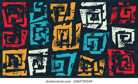 Grafite vibrante geométrico abstrato fundo com formas quadradas coloridas em vermelho, azul, laranja e branco. Perfeito para arte de rua, design urbano e projetos digitais modernos.