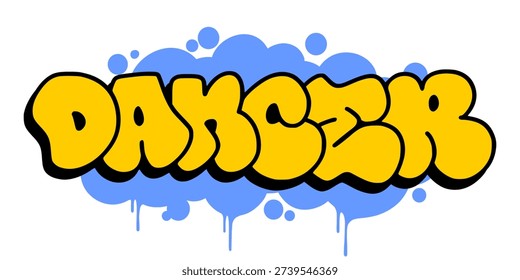 Vibrant graffiti throw up DANCER in bubbly urban street art style. Yellow bubble letters with orange drip effect for dancers, studios, and hip hop culture branding.