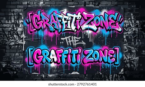 A vibrant graffiti-style text design reading 'GRAFFITI ZONE' in neon purple and blue colors, set against a dark, textured brick wall background.