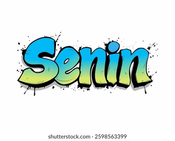 Vibrant graffiti-style typography of "Senin" (Monday in Indonesian) with bold letters, colorful gradient, black outline, and splash effects on a white background